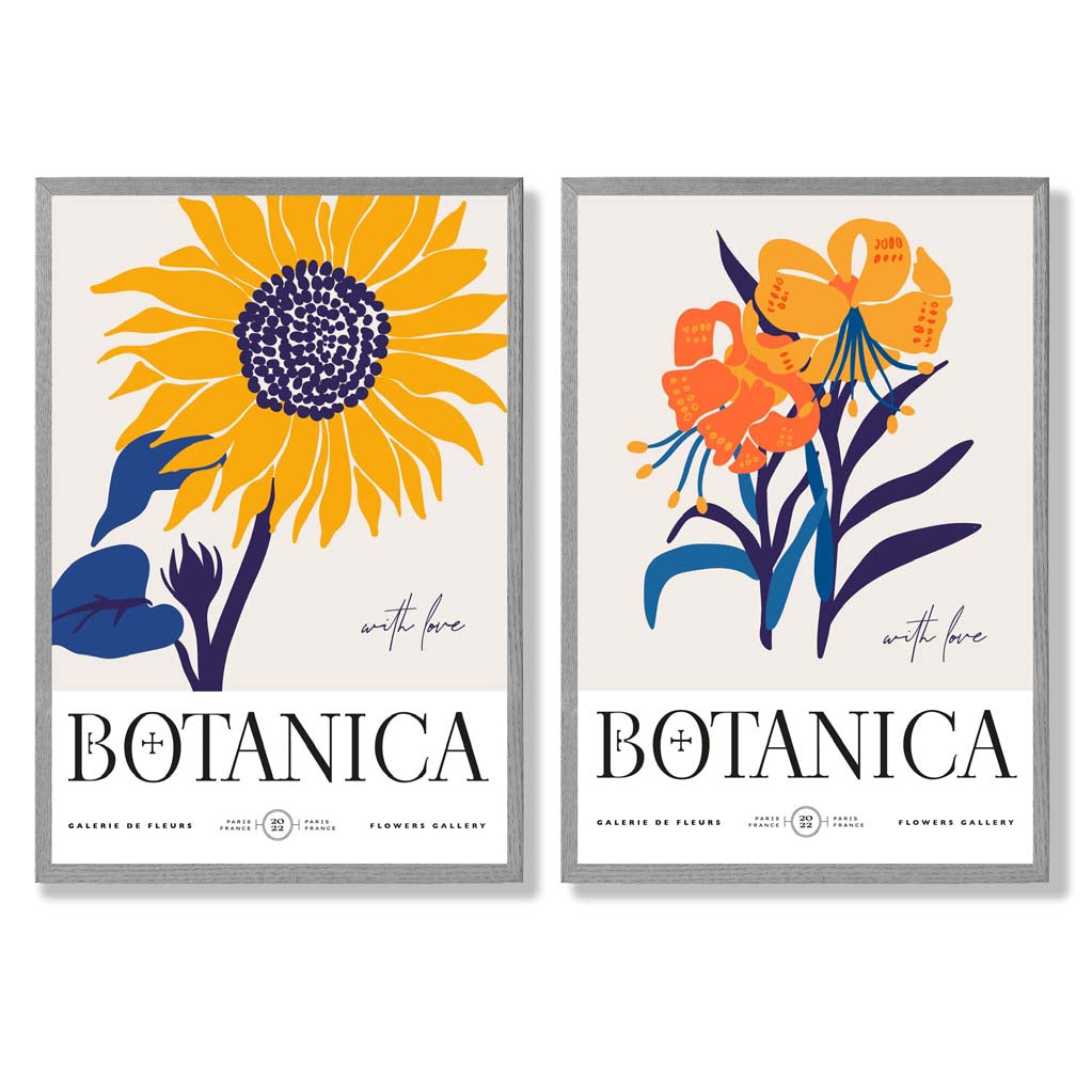 Blue and Yellow Summer Flower Market Set of 2 Art Prints with Light Grey Frame