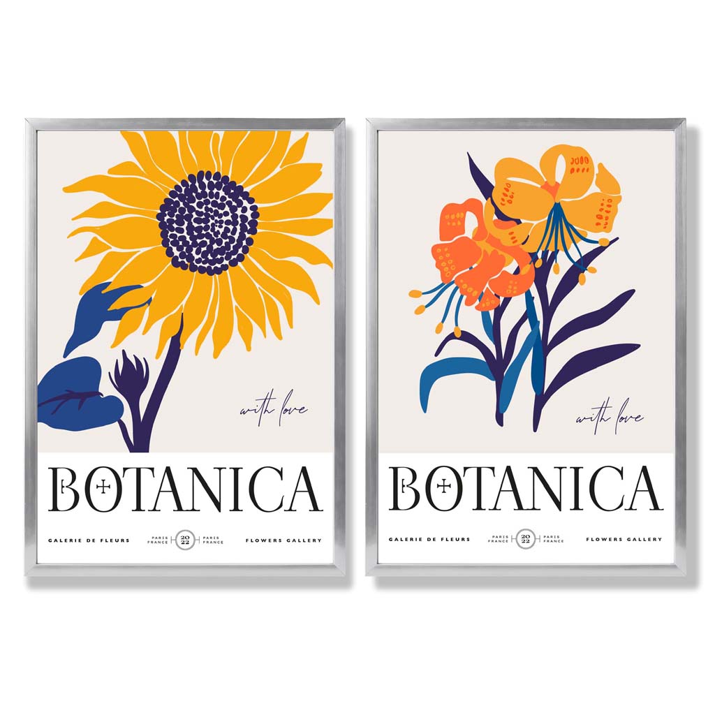 Blue and Yellow Summer Flower Market Set of 2 Art Prints with Silver Frame