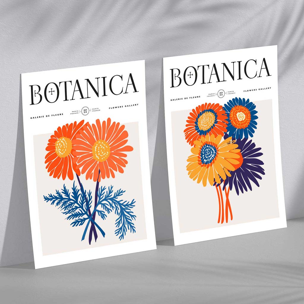 Bright Orange and Blue Summer Flower Market Set of 2 Art Prints