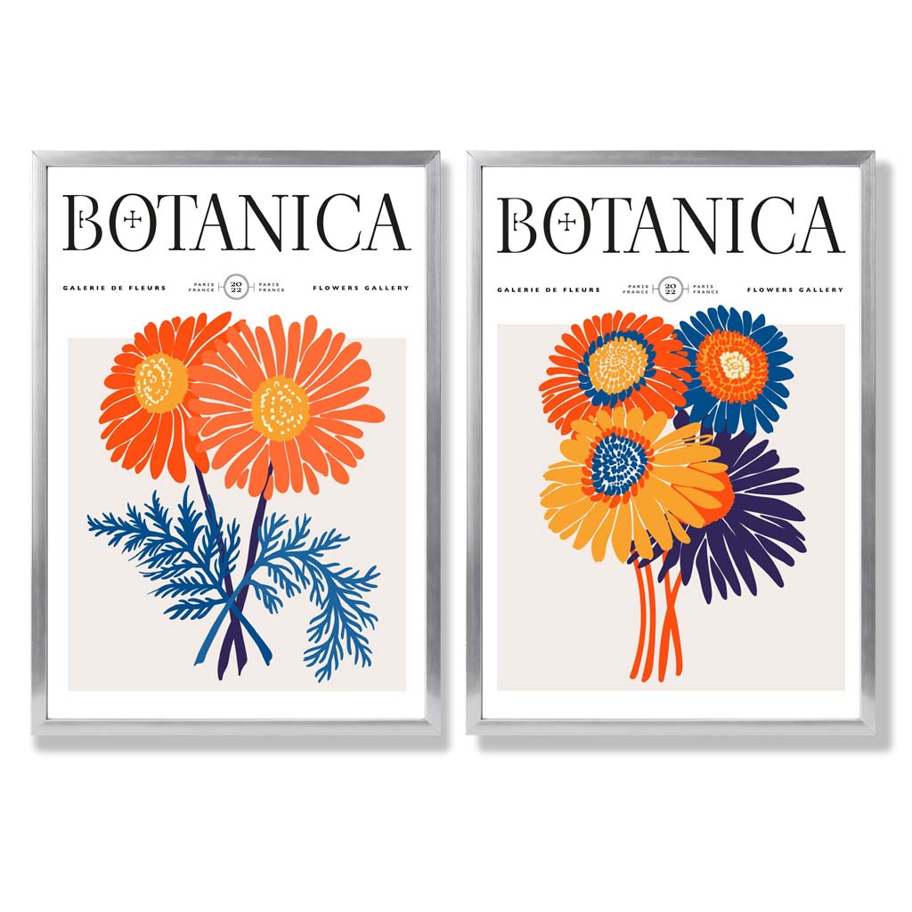 Bright Orange and Blue Summer Flower Market Set of 2 Art Prints with Silver Frame