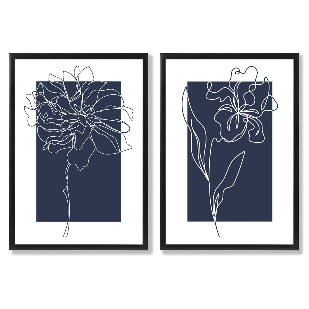 Navy Blue Line Art Flower Sketch Set of 2 Art Prints with Black Frame