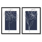 Navy Blue Line Art Flower Sketch Set of 2 Art Prints with Black Frame