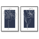 Navy Blue Line Art Flower Sketch Set of 2 Art Prints with Dark Grey Frame
