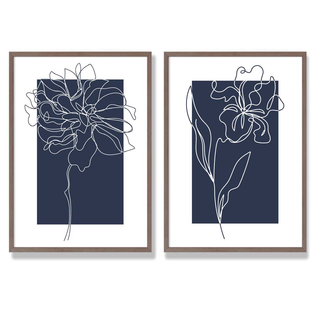 Navy Blue Line Art Flower Sketch Set of 2 Art Prints with Walnut Frame