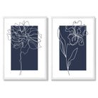 Navy Blue Line Art Flower Sketch Set of 2 Art Prints with White Frame