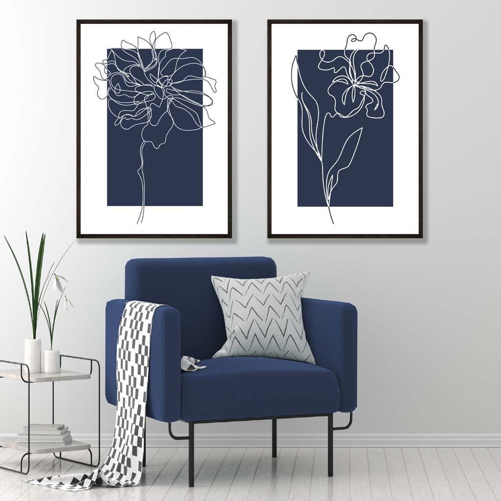 Navy Blue Line Art Flower Sketch Posters | Artze Wall Art UK