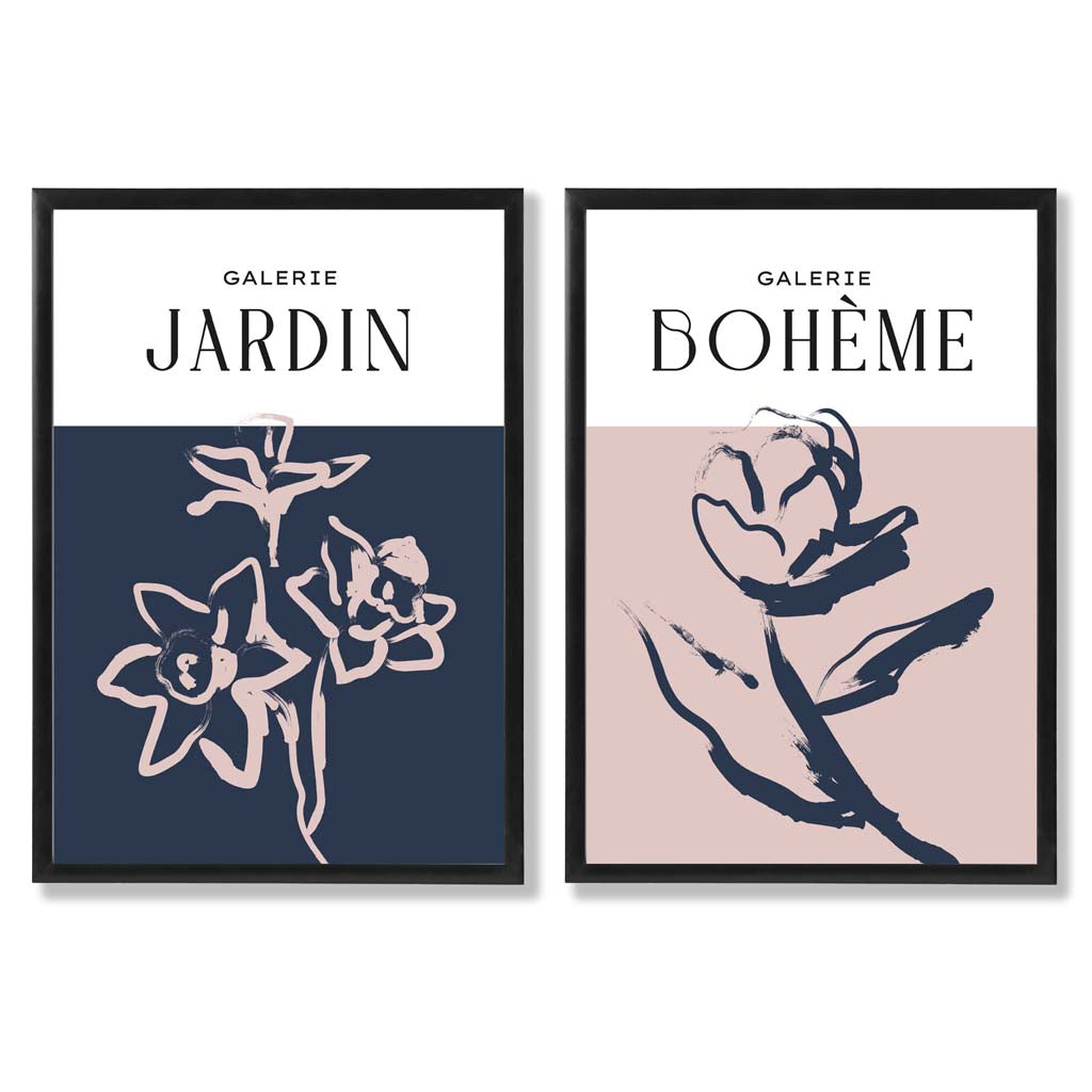 Navy and Blush Pink Minimal Floral Sketch Set of 2 Art Prints with Black Frame