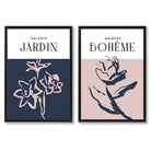 Navy and Blush Pink Minimal Floral Sketch Set of 2 Art Prints with Black Frame
