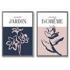 Navy and Blush Pink Minimal Floral Sketch Set of 2 Art Prints with Dark Grey Frame
