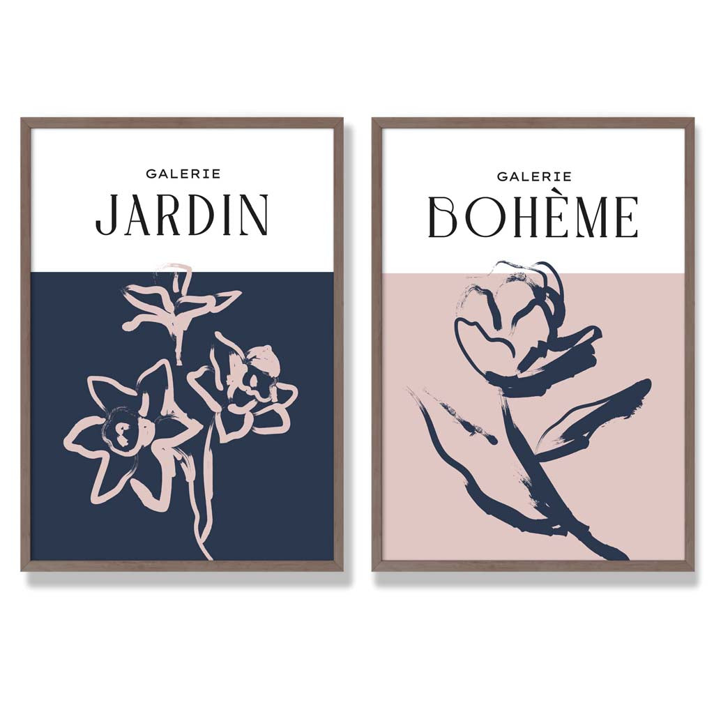 Navy and Blush Pink Minimal Floral Sketch Set of 2 Art Prints with Walnut Frame