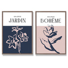 Navy and Blush Pink Minimal Floral Sketch Set of 2 Art Prints with Walnut Frame