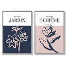 Navy and Blush Pink Minimal Floral Sketch Set of 2 Art Prints with Light Grey Frame