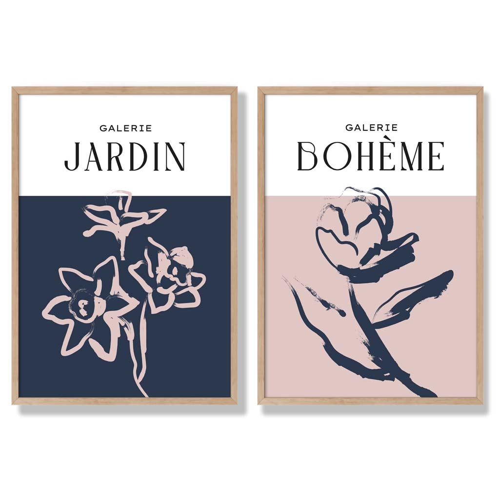 Navy and Blush Pink Minimal Floral Sketch Set of 2 Art Prints with Oak Frame