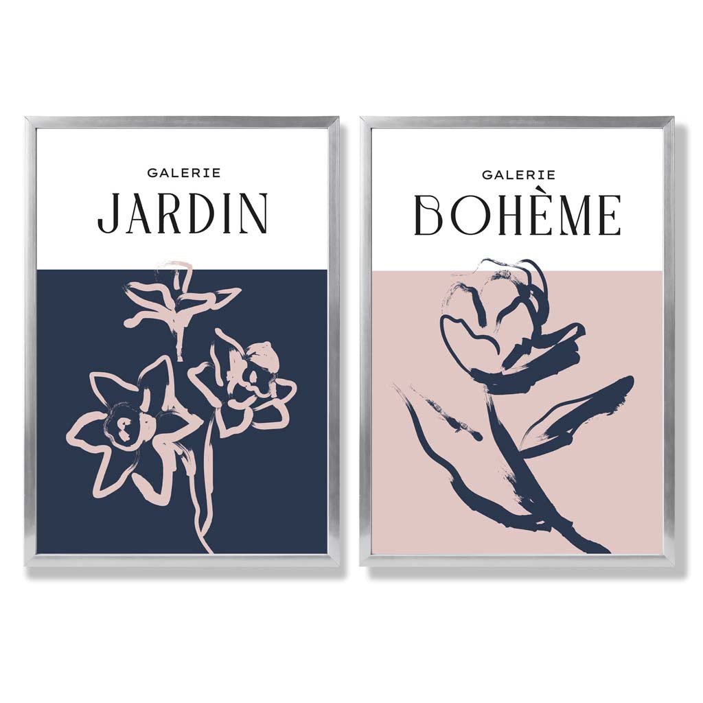 Navy and Blush Pink Minimal Floral Sketch Set of 2 Art Prints with Silver Frame