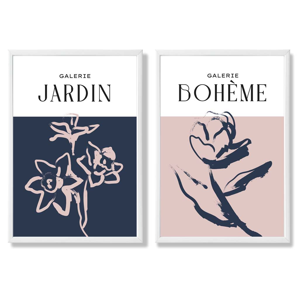 Navy and Blush Pink Minimal Floral Sketch Set of 2 Art Prints with White Frame
