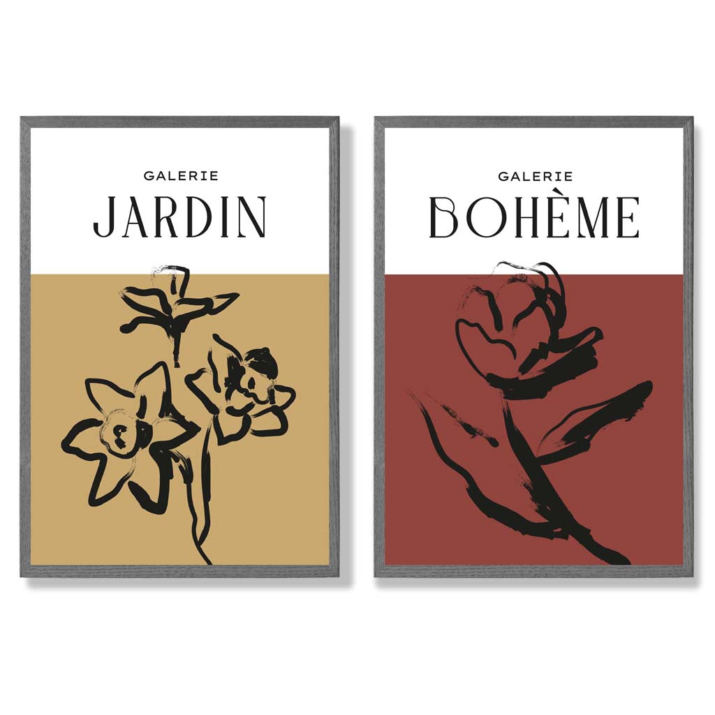 Yellow and Red Minimal Floral Sketch Set of 2 Art Prints with Dark Grey Frame