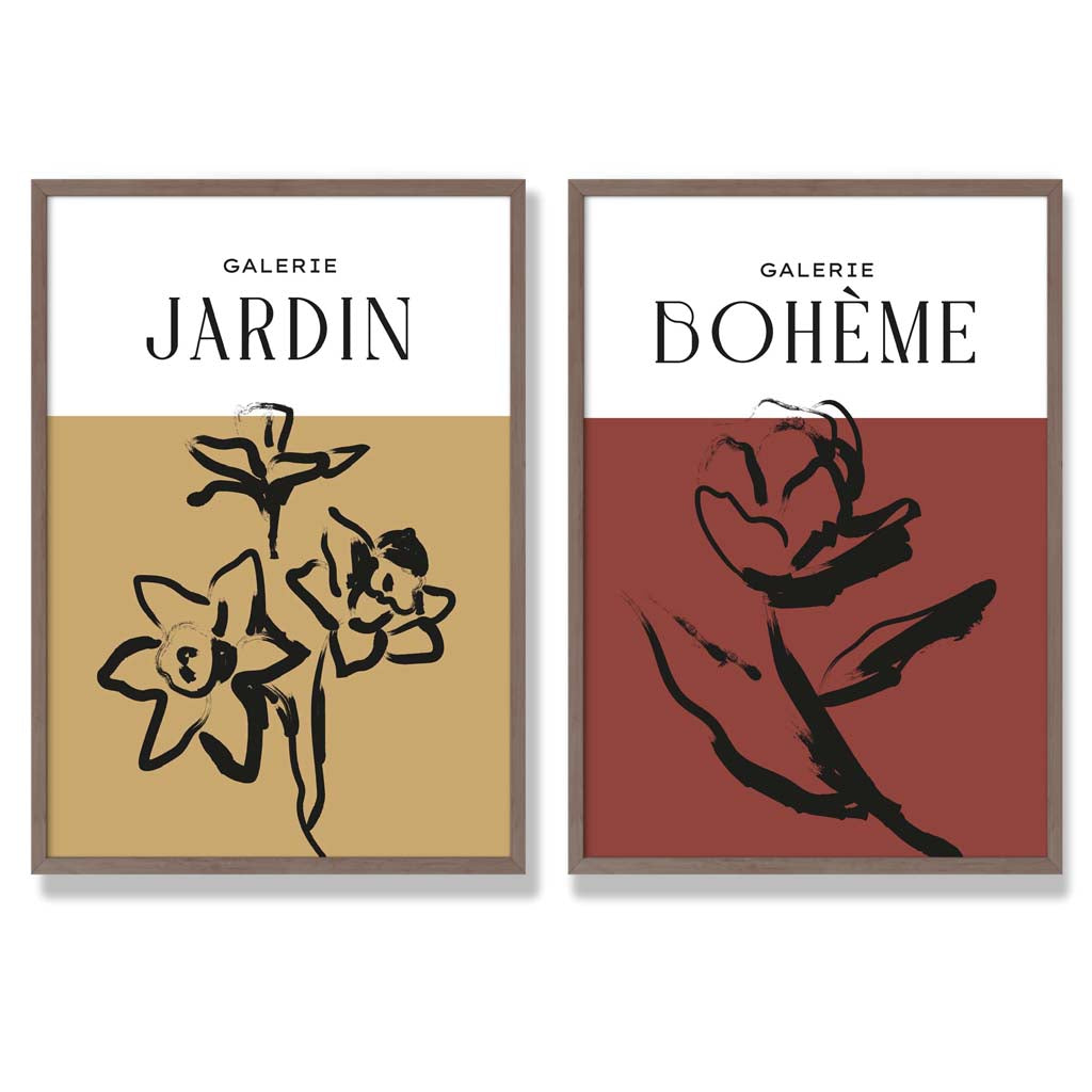 Yellow and Red Minimal Floral Sketch Set of 2 Art Prints with Walnut Frame