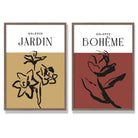 Yellow and Red Minimal Floral Sketch Set of 2 Art Prints with Walnut Frame