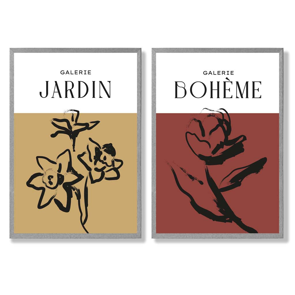 Yellow and Red Minimal Floral Sketch Set of 2 Art Prints with Light Grey Frame