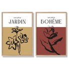 Yellow and Red Minimal Floral Sketch Set of 2 Art Prints with Oak Frame