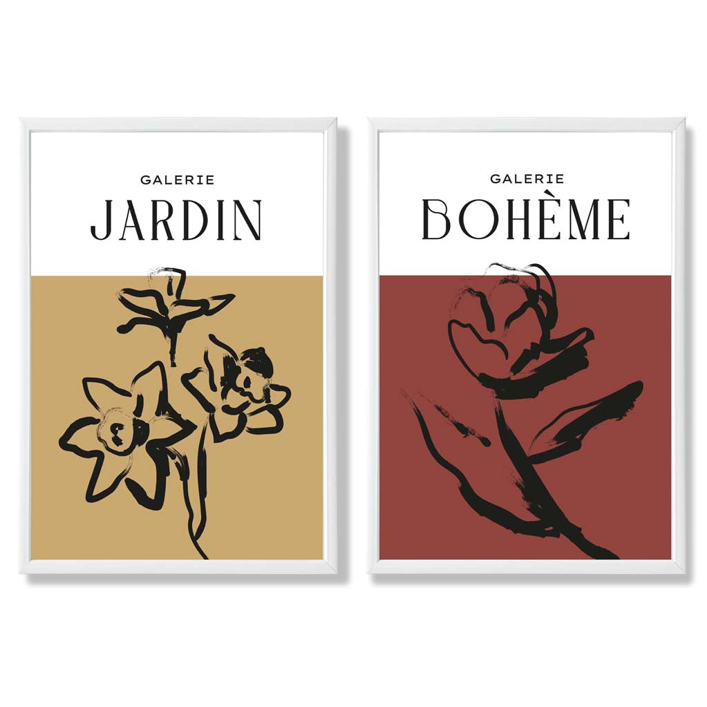 Yellow and Red Minimal Floral Sketch Set of 2 Art Prints with White Frame