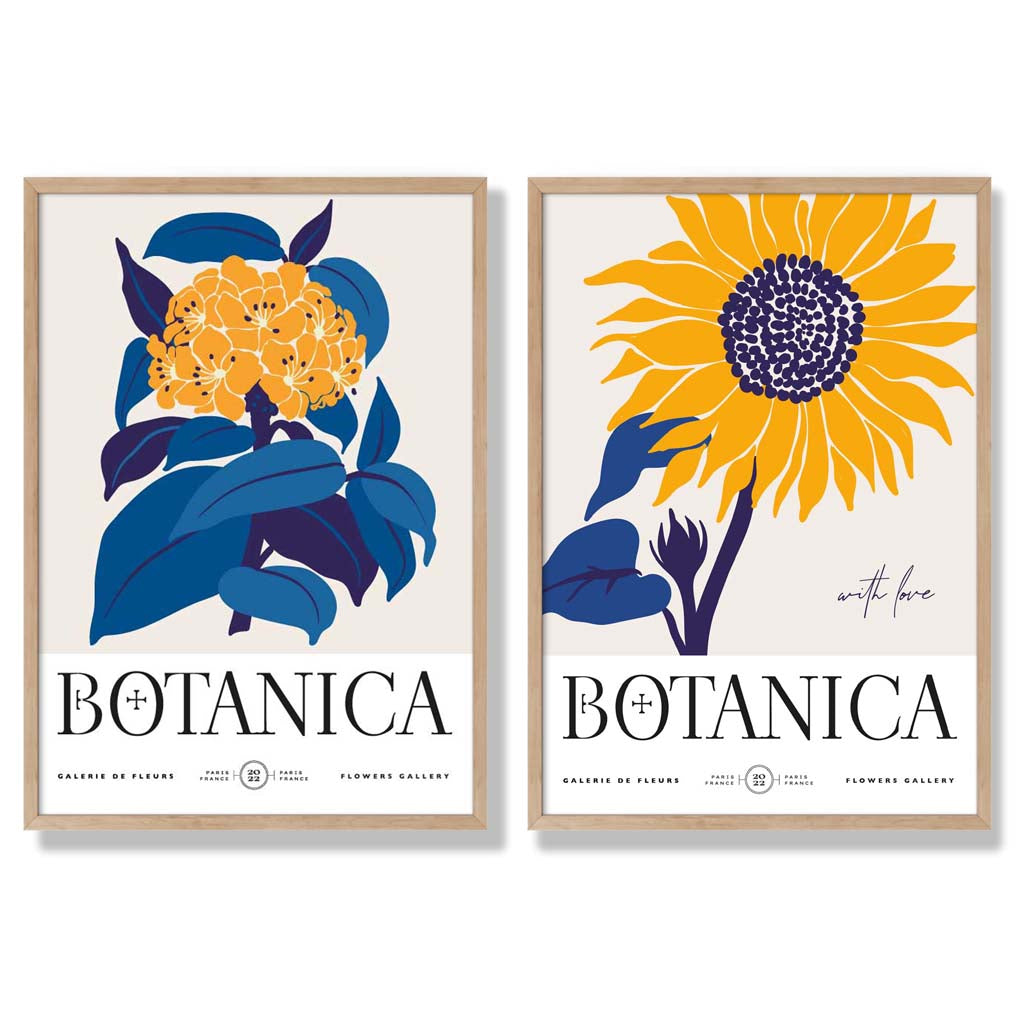 Blue and Yellow Sunflower Set of 2 Art Prints with Oak Frame