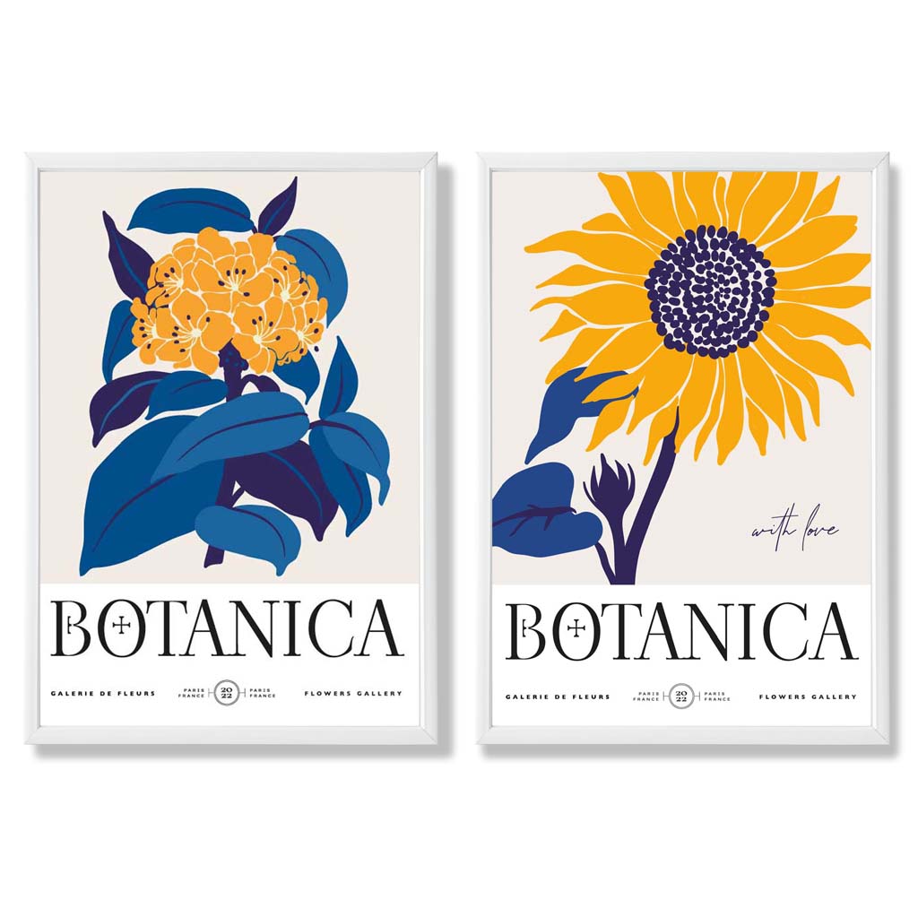 Blue and Yellow Sunflower Set of 2 Art Prints with White Frame