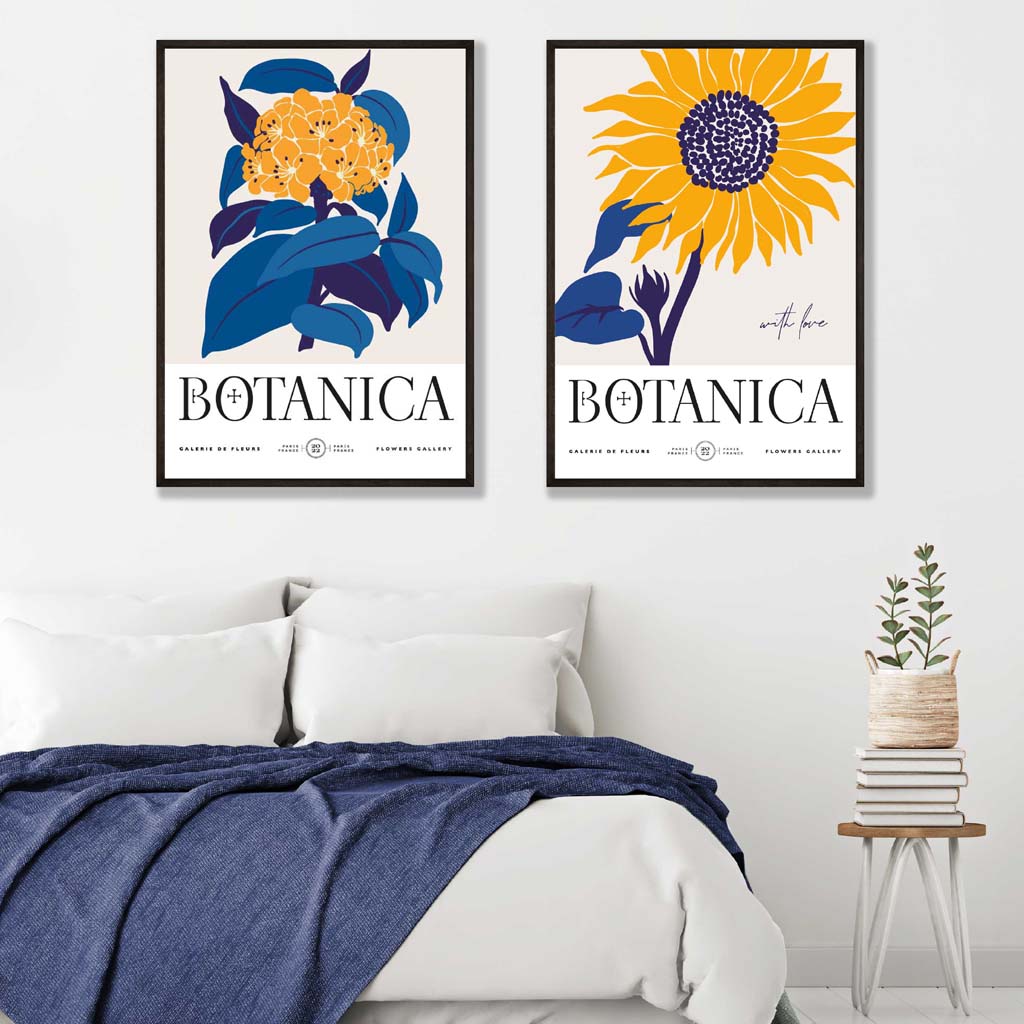 Set of 2 Blue and Yellow Sunflower Exhibition Art Prints Artze Wall Art UK