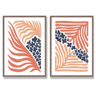 Blush Pink and Navy Boho Flower Set of 2 Art Prints with Walnut Frame