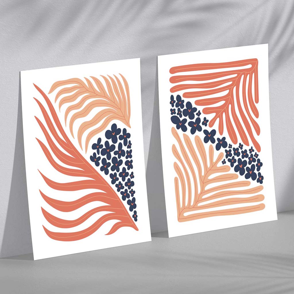 Blush Pink and Navy Boho Flower Set of 2 Art Prints