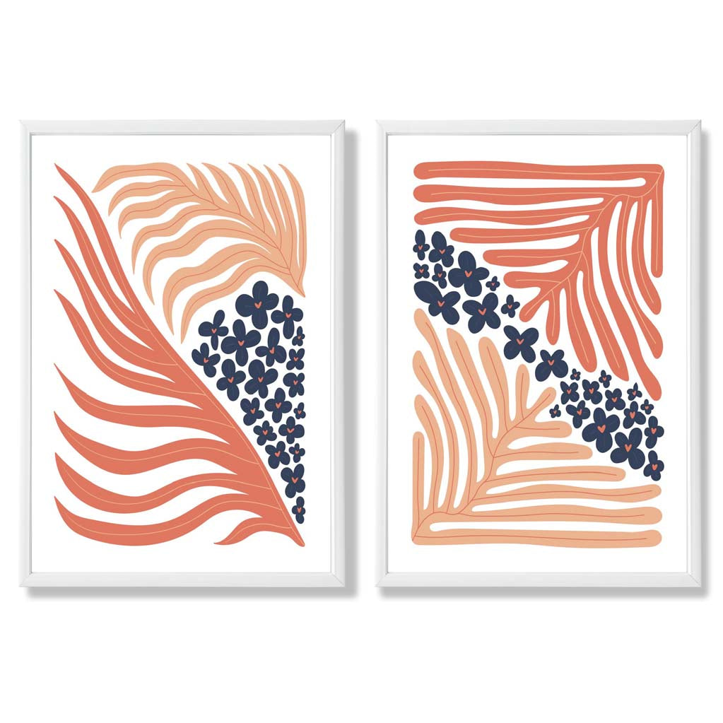 Blush Pink and Navy Boho Flower Set of 2 Art Prints with White Frame