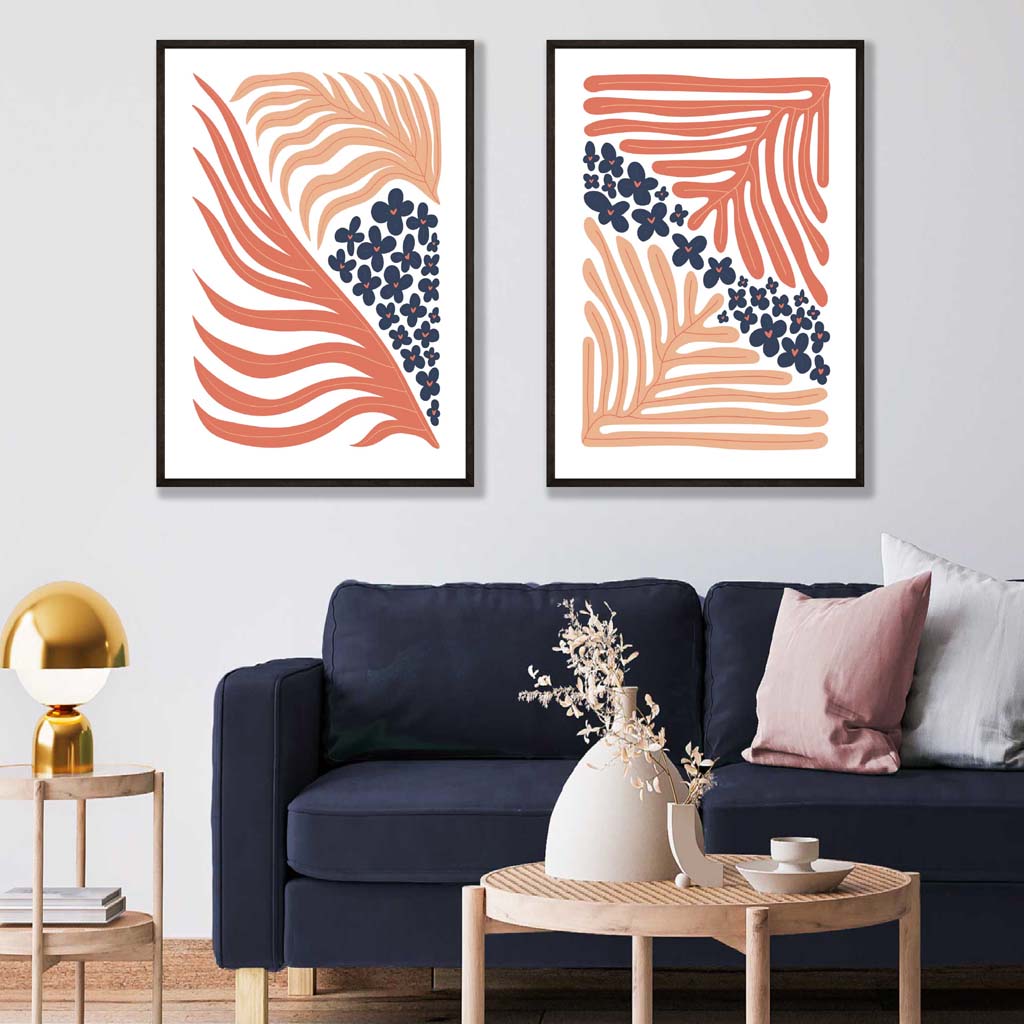 Set of 2 Blush Pink and Navy Boho Flower Prints | Artze Wall Art UK