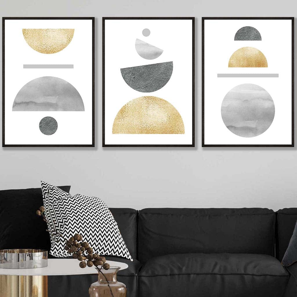 Greys and Gold Textured Geometric Wall Art Prints Set