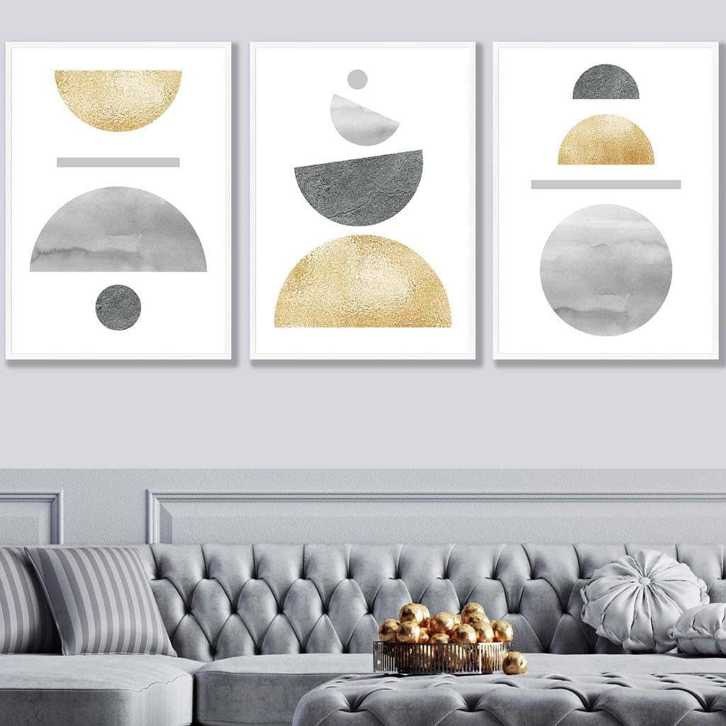 Greys and Gold Textured Geometric Wall Art Prints Set