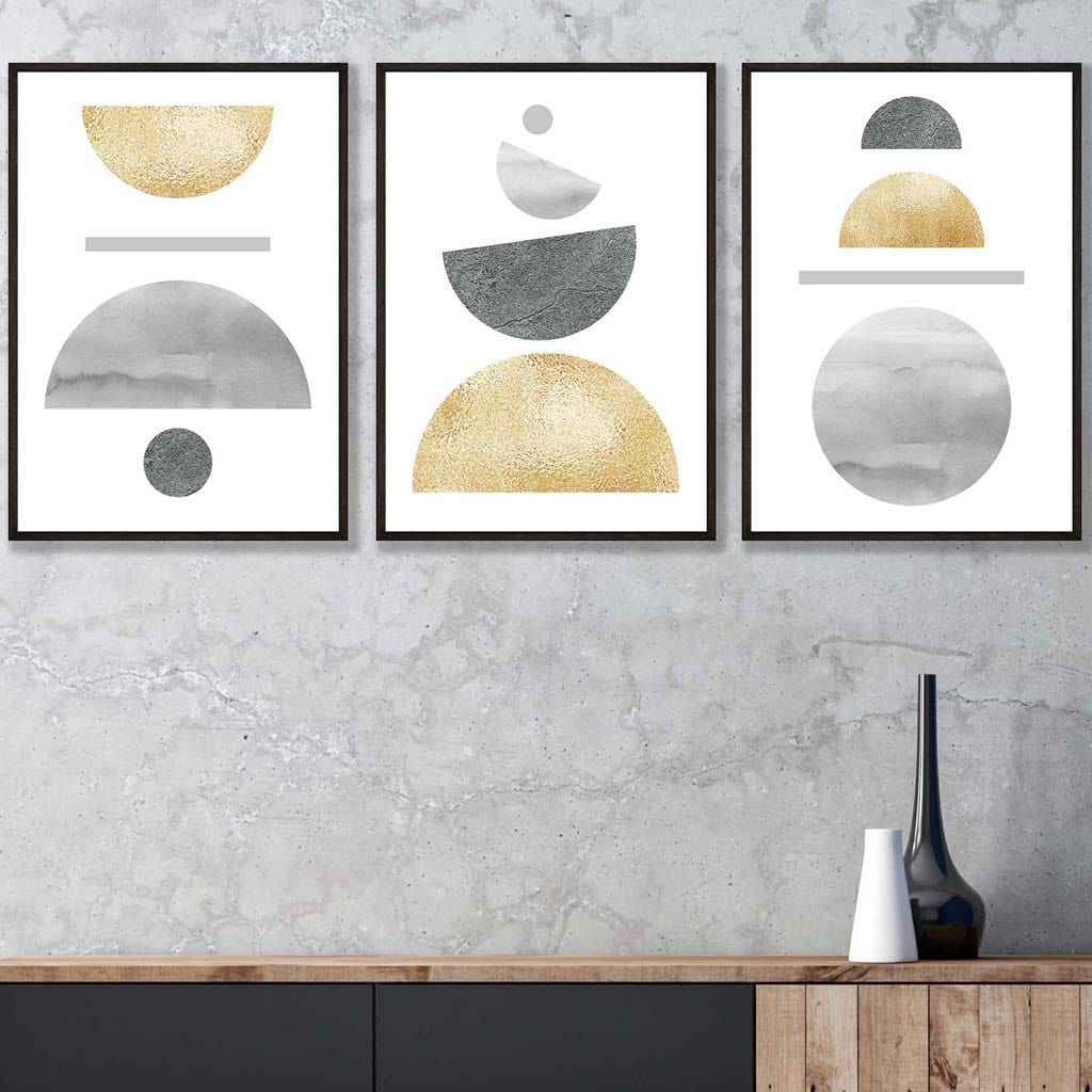 Greys and Gold Textured Geometric Wall Art Prints Set