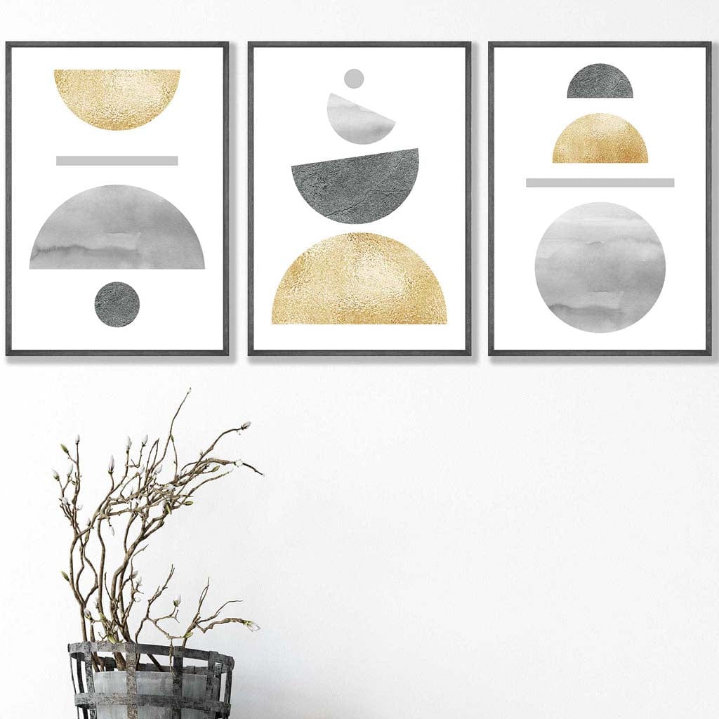 Greys and Gold Textured Geometric Wall Art Prints Set