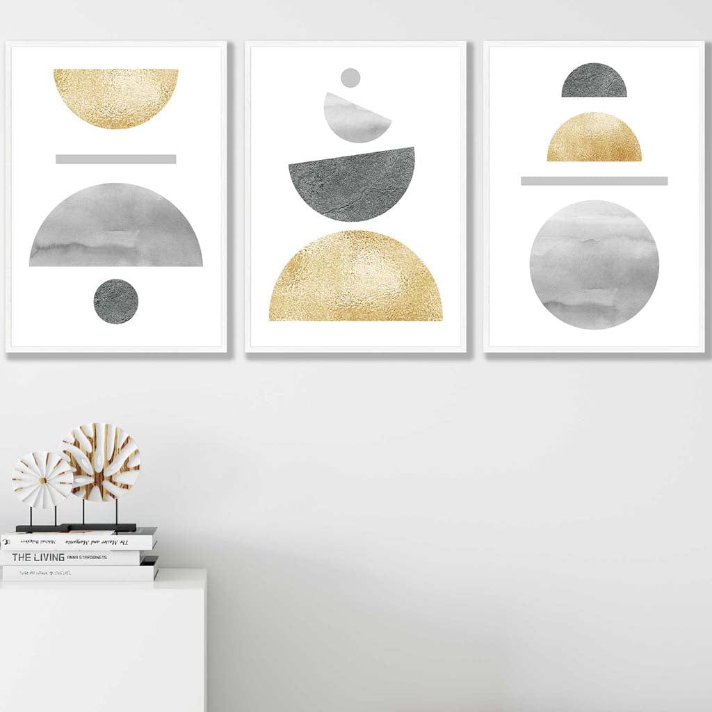 Greys and Gold Textured Geometric Wall Art Prints Set