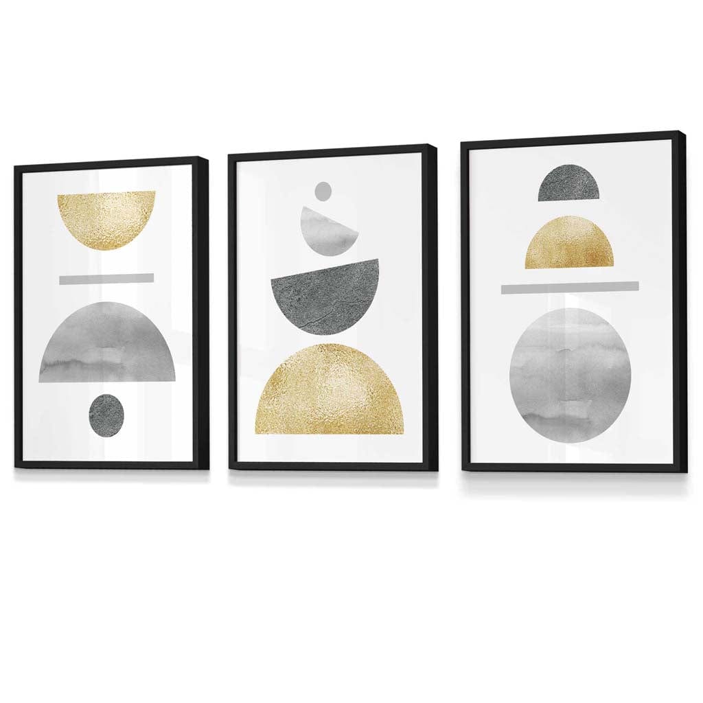 Golden Yellow and Grey Mid Century Geometric Framed Set of 3 Wall Art | Artze Wall Art UK
