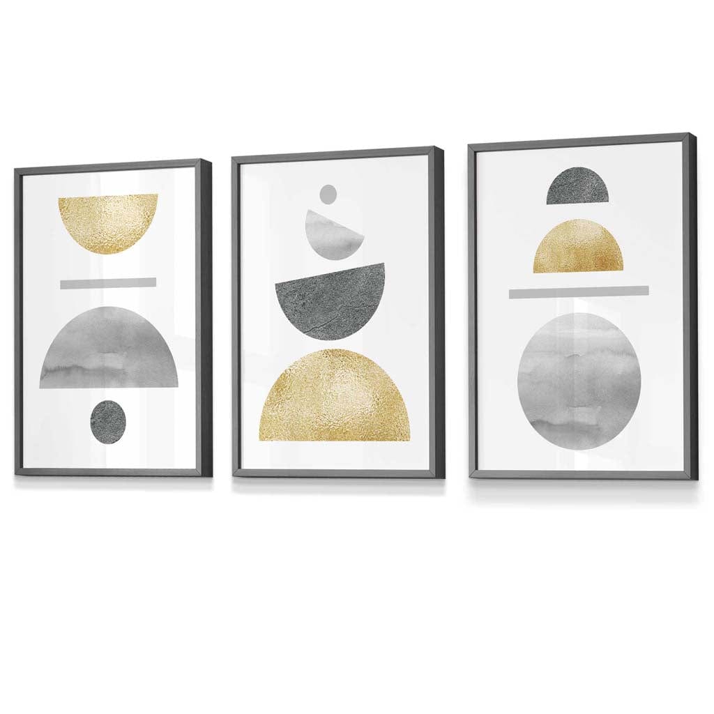 Golden Yellow and Grey Mid Century Geometric Framed Set of 3 Wall Art | Artze Wall Art UK