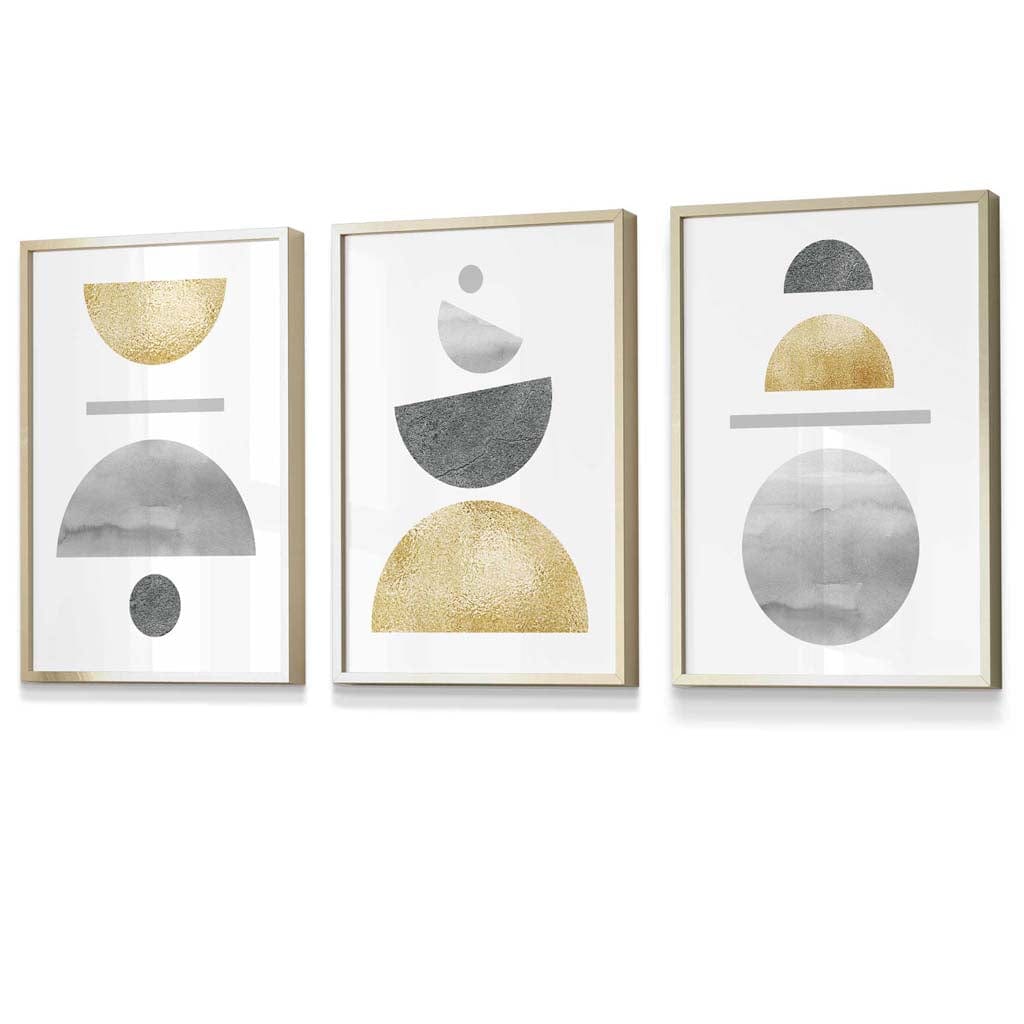 Golden Yellow and Grey Mid Century Geometric Framed Set of 3 Wall Art | Artze Wall Art UK