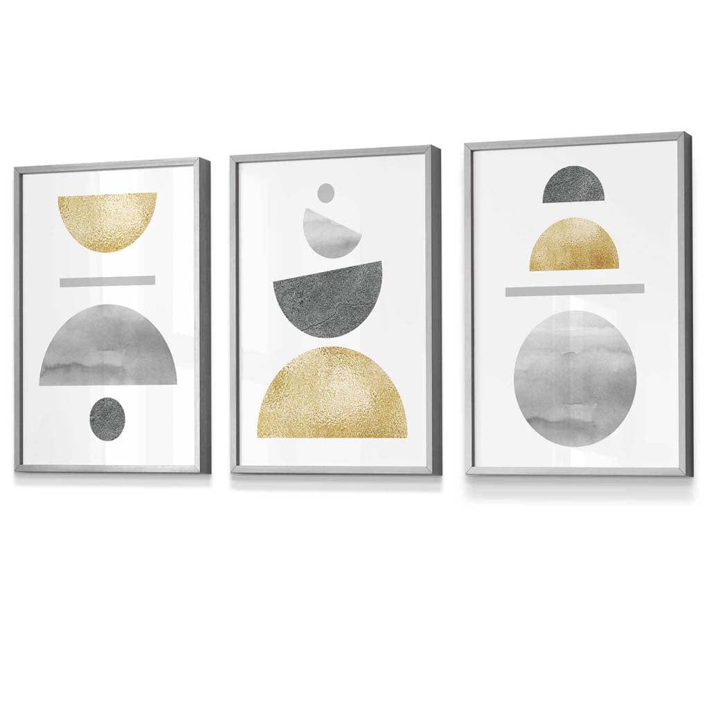 Golden Yellow and Grey Mid Century Geometric Framed Set of 3 Wall Art | Artze Wall Art UK