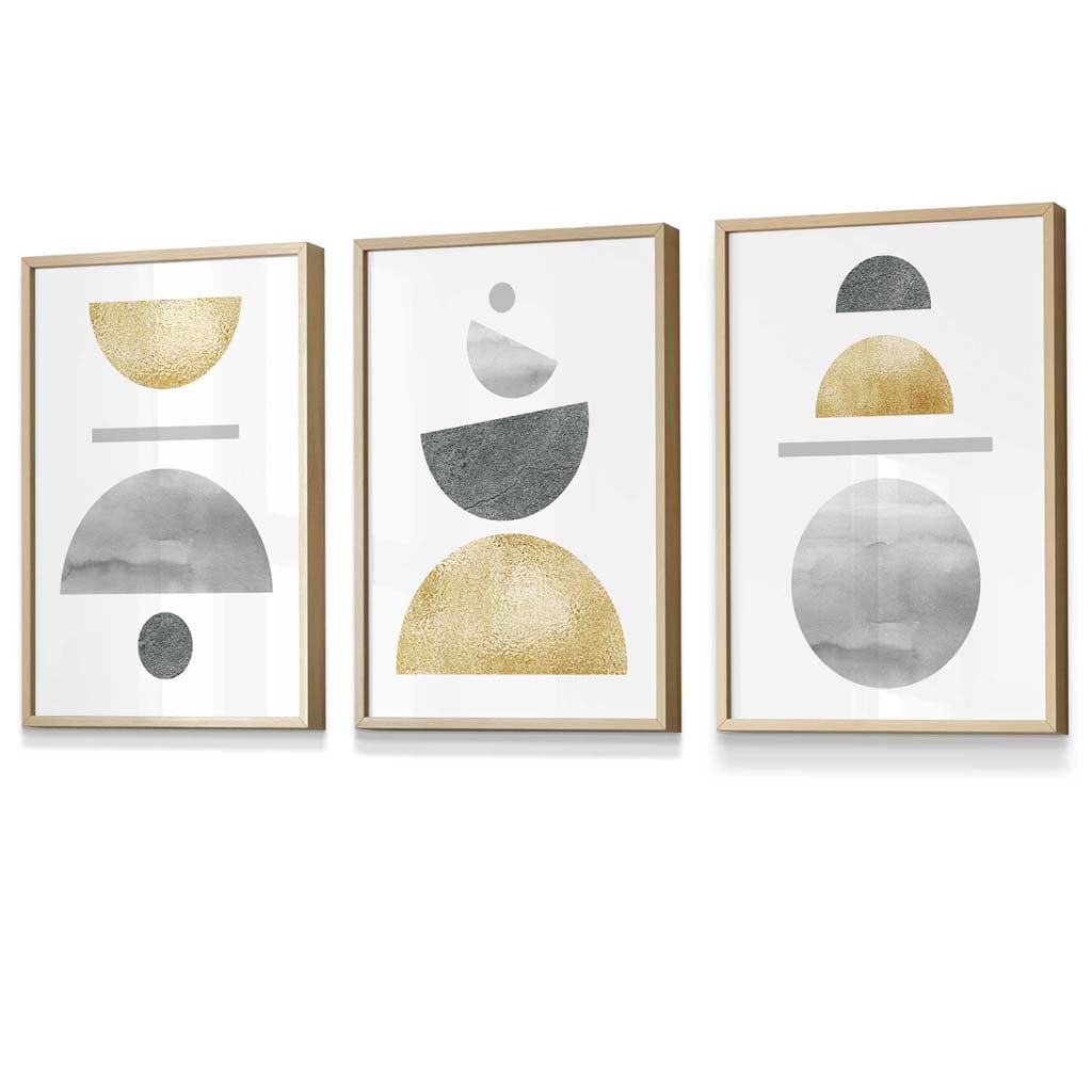 Golden Yellow and Grey Mid Century Geometric Framed Set of 3 Wall Art | Artze Wall Art UK