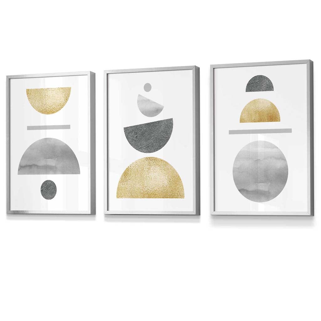 Golden Yellow and Grey Mid Century Geometric Framed Set of 3 Wall Art | Artze Wall Art UK