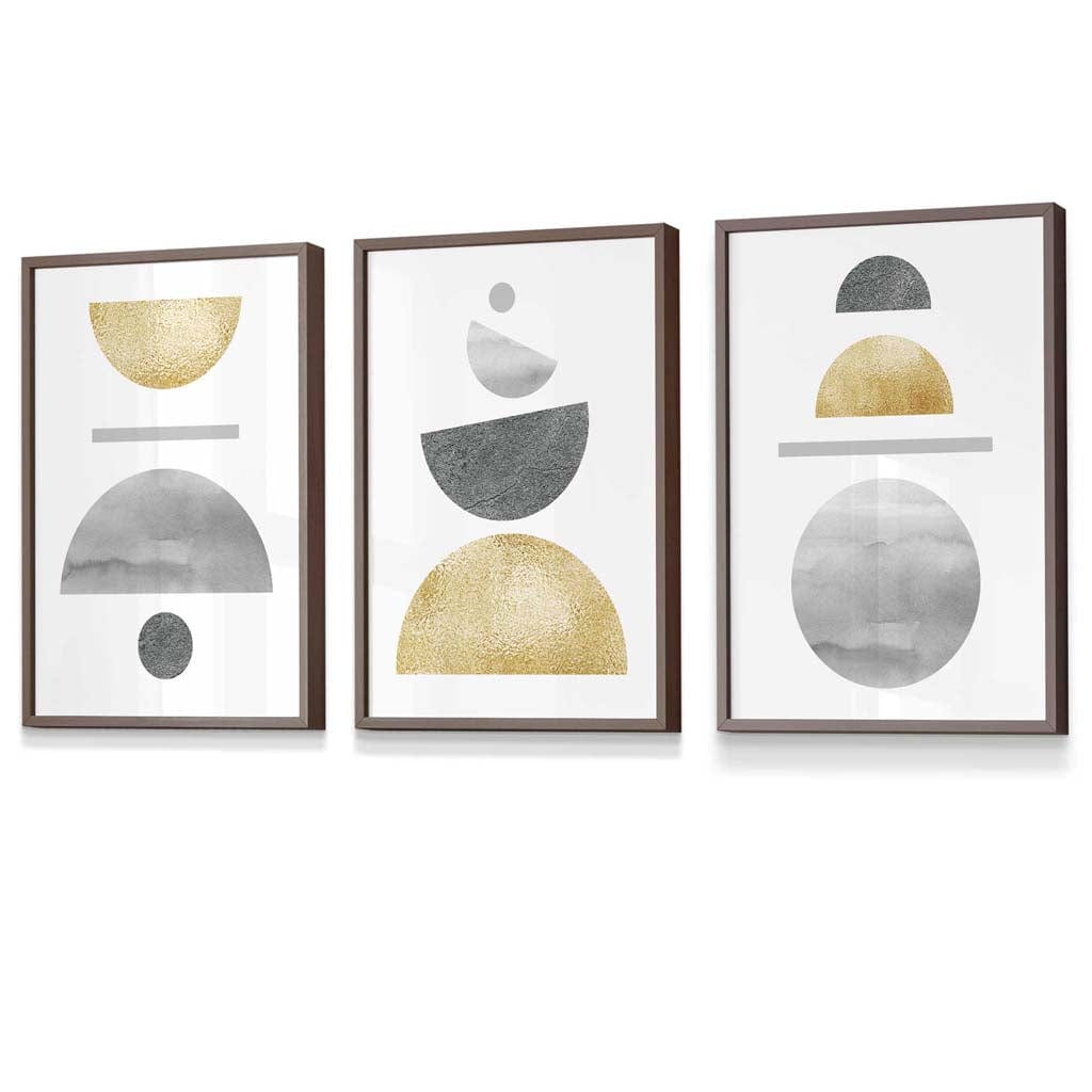 Golden Yellow and Grey Mid Century Geometric Framed Set of 3 Wall Art | Artze Wall Art UK