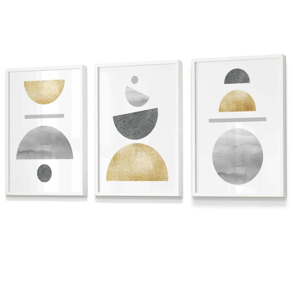 Golden Yellow and Grey Mid Century Geometric Framed Set of 3 Wall Art | Artze Wall Art UK
