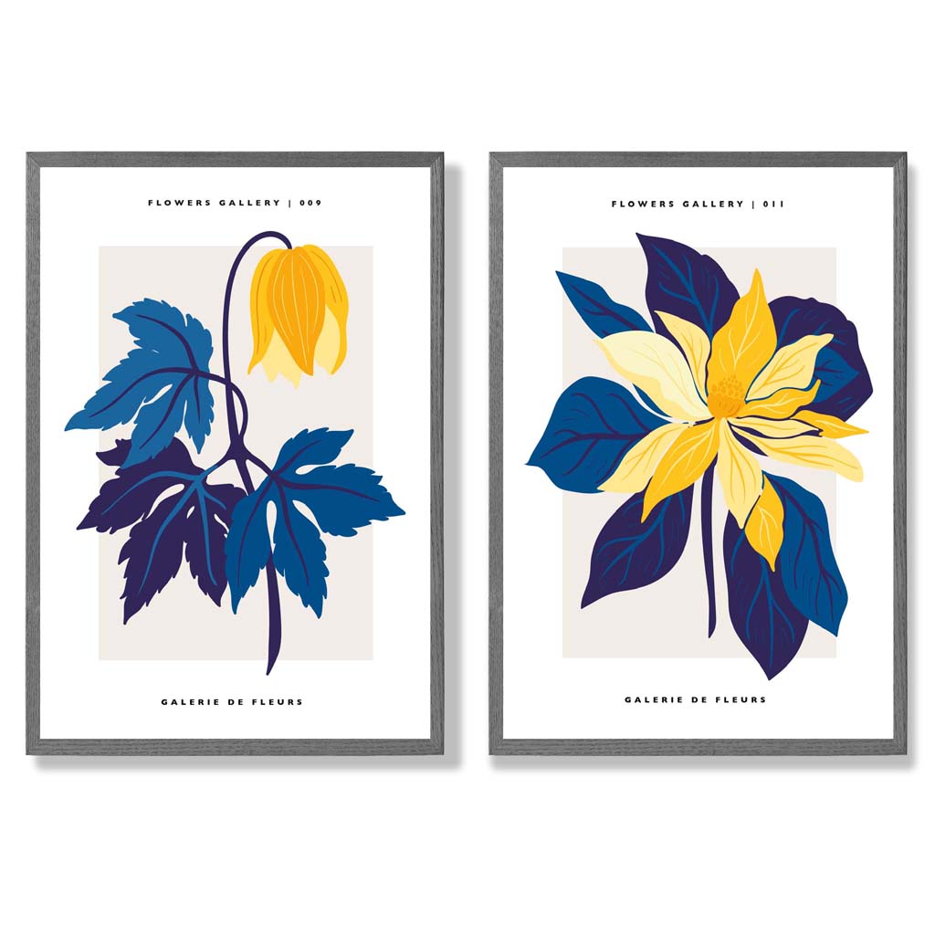 Yellow and Blue Spring Flower Market Set of 2 Art Prints with Dark Grey Frame