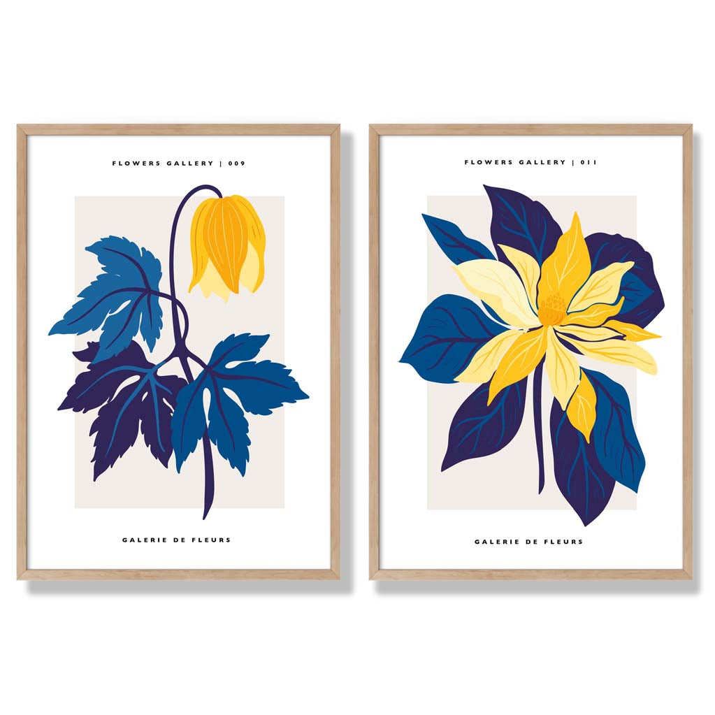 Yellow and Blue Spring Flower Market Set of 2 Art Prints with Oak Frame