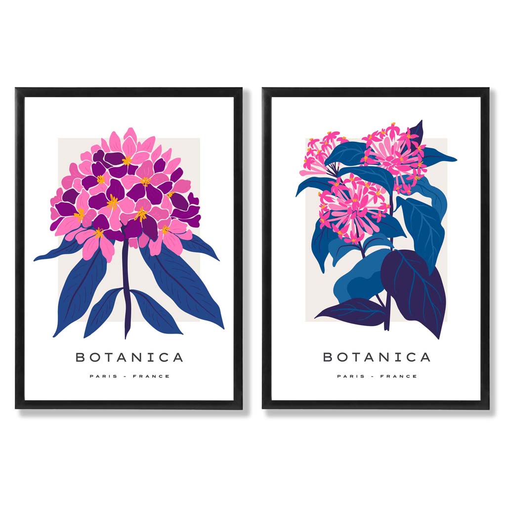 Bright Pink and Blue Summer Flower Market Set of 2 Art Prints with Black Frame