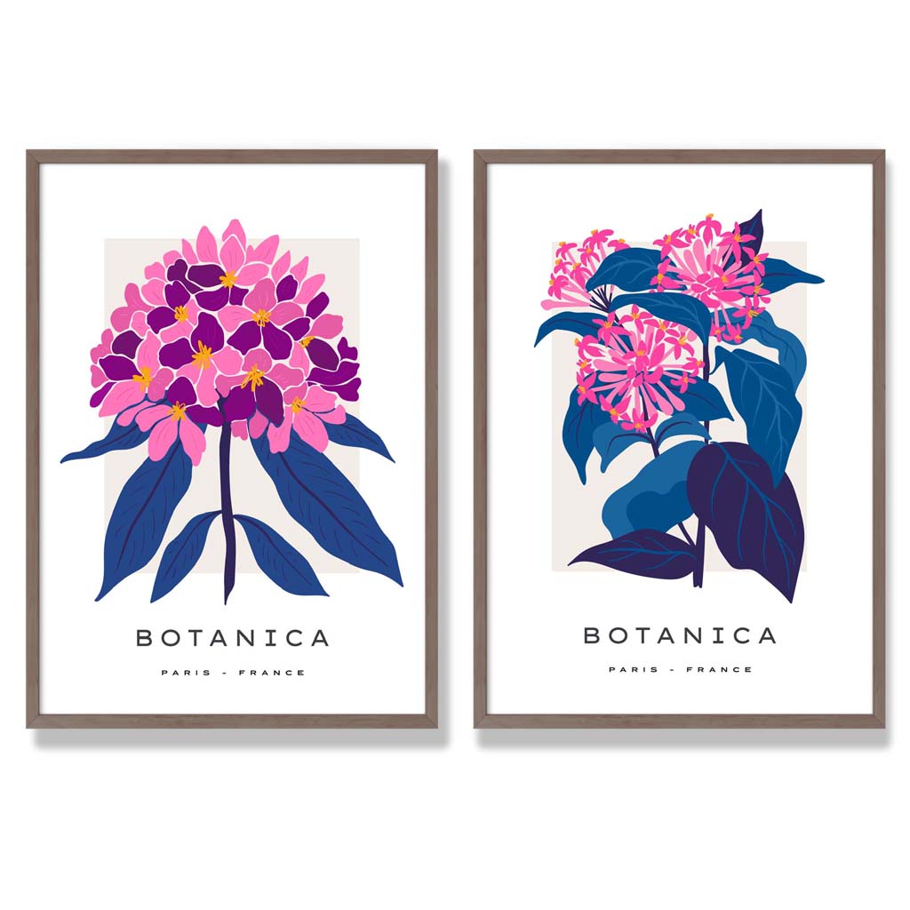 Bright Pink and Blue Summer Flower Market Set of 2 Art Prints with Walnut Frame