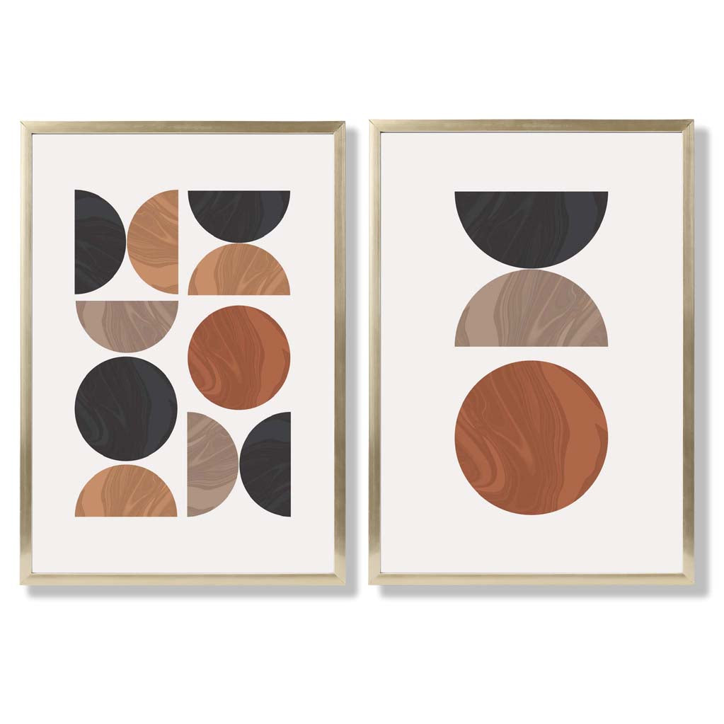 Black and Orange Mid Century Geometric Set of 2 Art Prints with Gold Frame